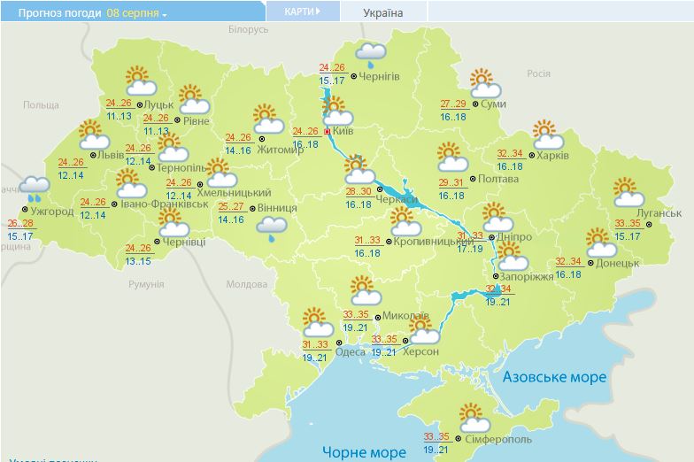 Спека накриє Україну 8 серпня: де очікувати рекордних +35 (карта)